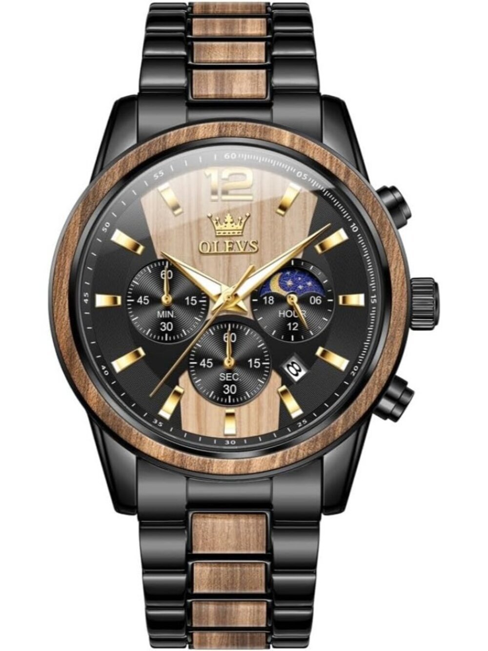 Men's Black Quartz Stainless Steel Waterproof Luminous Date Luxury Wooden Watch